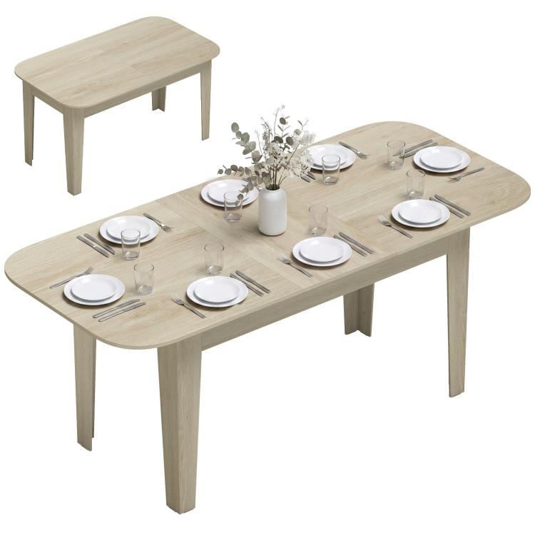 Light oak extendable oval dining table with rounded edges and extension leaf
