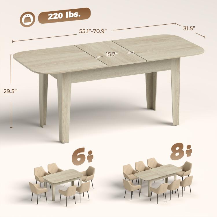 Light oak oval dining table with size and capacity diagram for 6 to 8 seats