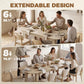 Extendable oval dining table shown with 6- and 8-person layout diagrams