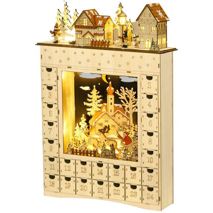 Wooden Christmas advent calendar with 24 numbered drawers and lit village scene window