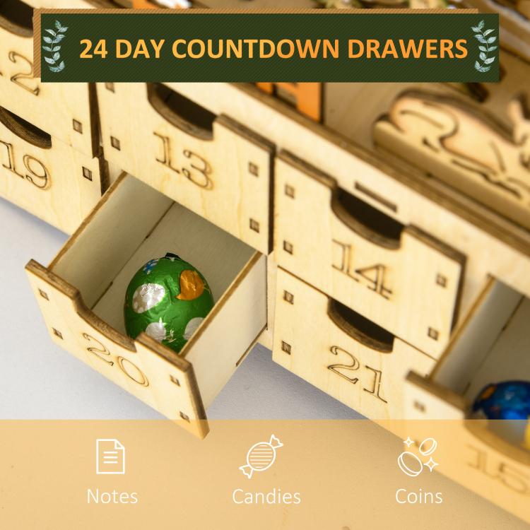 Wooden advent calendar drawer with a numbered slot holding a small Christmas globe