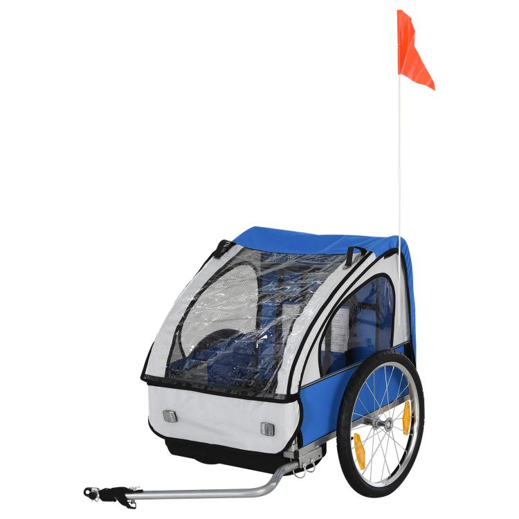 Blue and white 2-seat child bike trailer with clear front window and two rear wheels