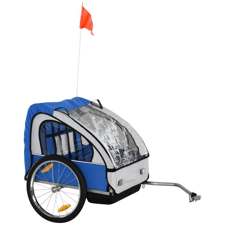 Blue-and-white bike trailer for two kids with mesh side panels and canopy