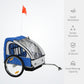 Blue child bike trailer with clear front, rear flag, and connected tow bar