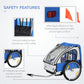 Child bike trailer with safety harness, wheel reflectors, and orange visibility flag