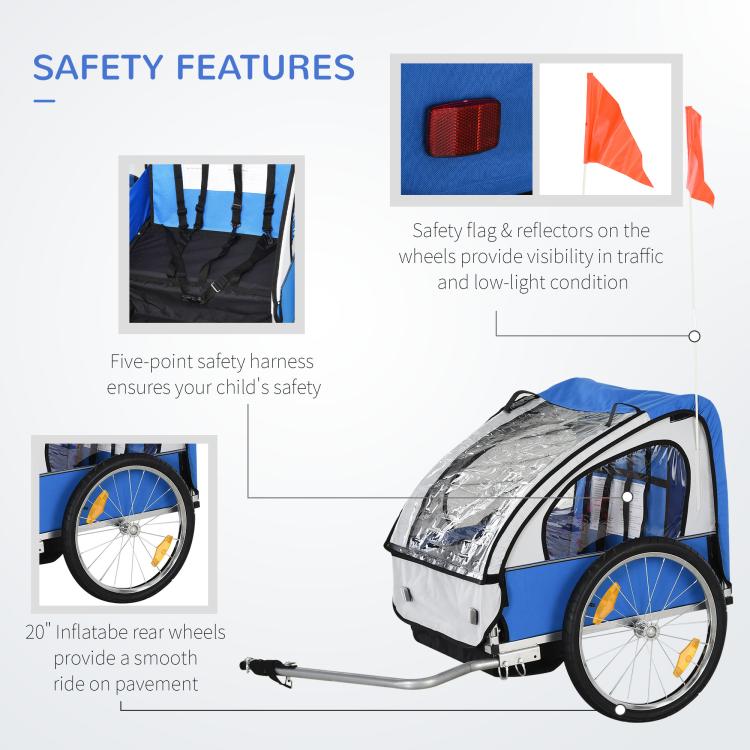 Child bike trailer with safety harness, wheel reflectors, and orange visibility flag