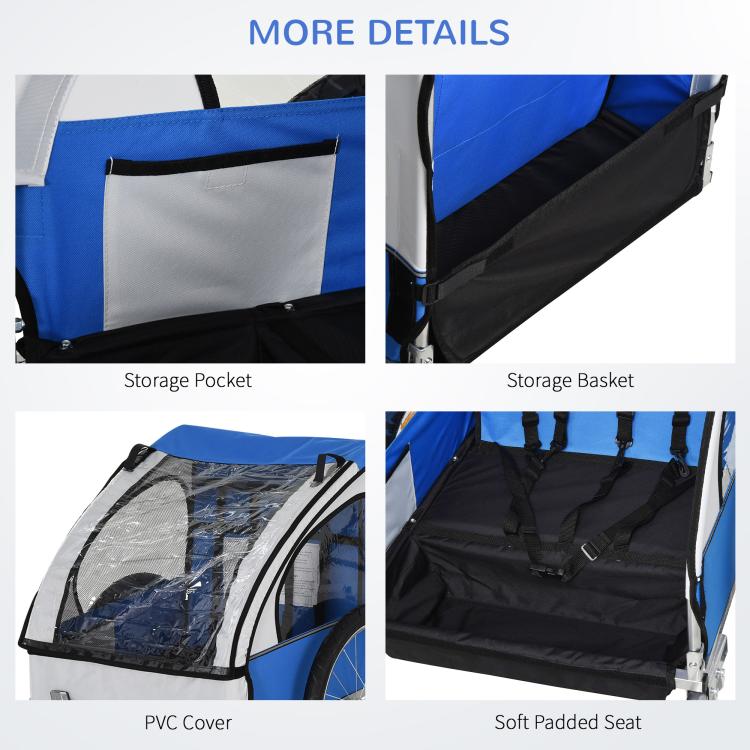 Child bike trailer details: storage pocket, storage basket, PVC cover, and padded seat