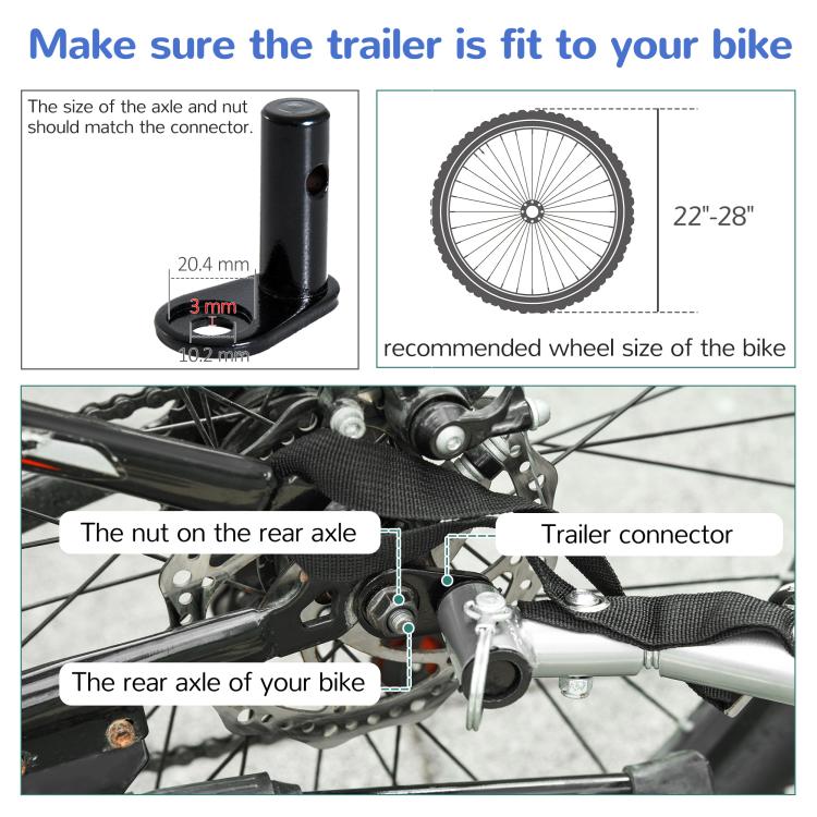Bike trailer hitch connector diagram showing fit size for axle connection