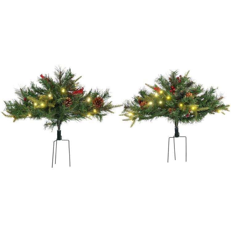 Pair of 2 ft pre-lit artificial Christmas trees with warm white lights and red accents