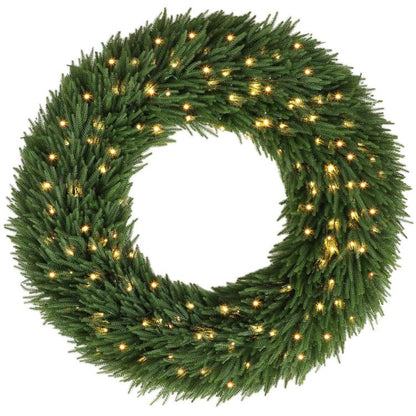 Green artificial Christmas wreath with warm white LED lights, round pine style