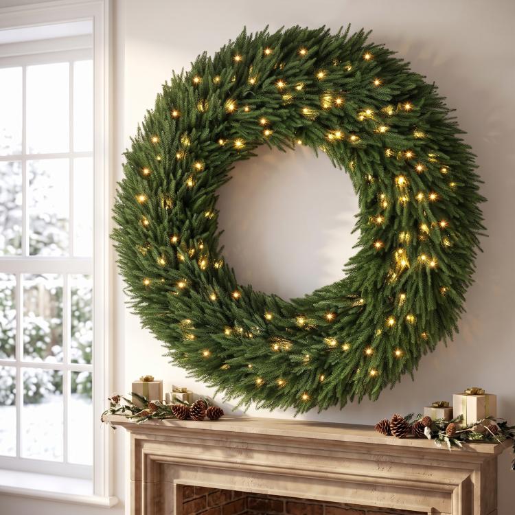 Green pine Christmas wreath with warm white LED lights, centered on wall