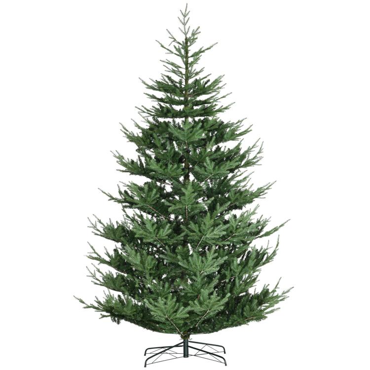 Green hinged artificial Christmas tree with dense pine needles and metal stand