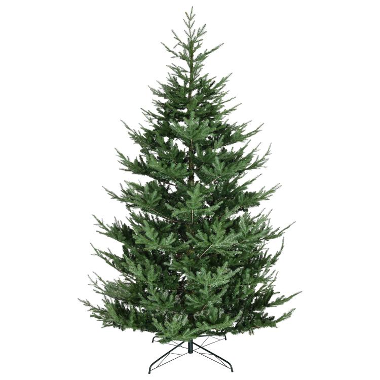 Green artificial Christmas tree with full tiered branches and metal tripod base