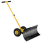 Yellow wheeled snow pusher shovel with black blade and large rubber tires