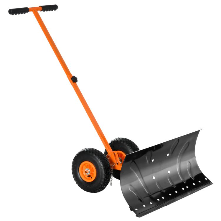 Orange rolling snow shovel with black wheels and angled gray blade