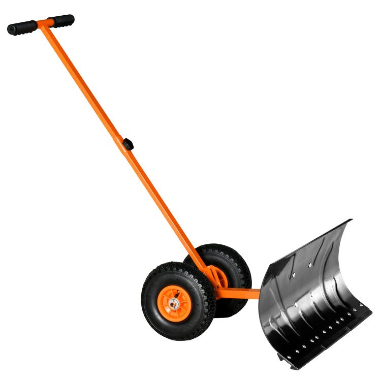 Orange rolling snow pusher with black wheels and curved gray blade