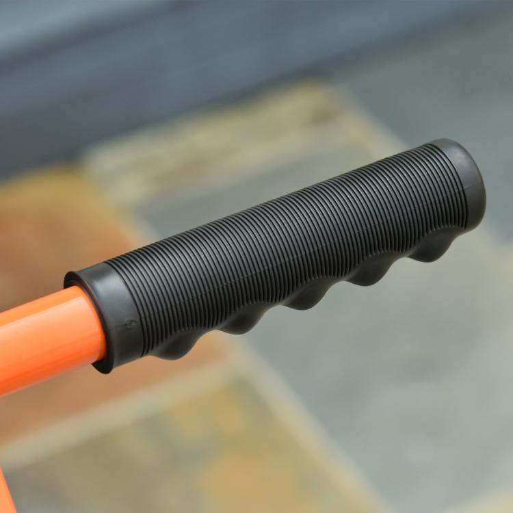 Orange rolling snow shovel handle with black ribbed grip and orange shaft