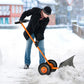Orange snow shovel pusher with black wheels and gray blade