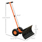 Orange snow shovel pusher with angled blade and two large wheels