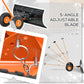 Orange handle snow shovel with black blade and two orange-rim wheels