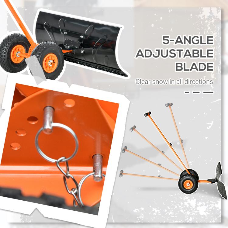 Orange handle snow shovel with black blade and two orange-rim wheels