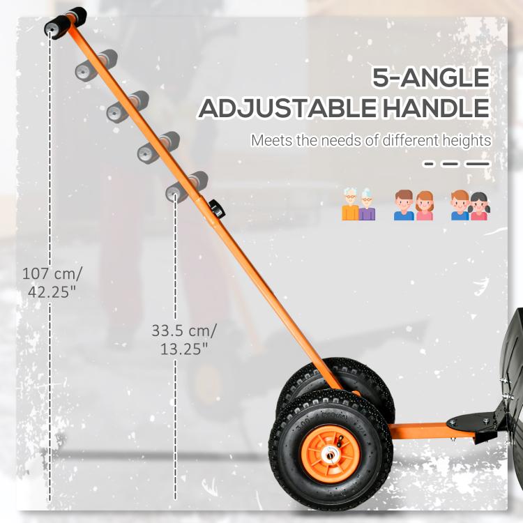 Orange adjustable-handle rolling snow shovel with large black-and-orange wheels