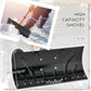 Orange snow pusher shovel with wide black blade and wheel base