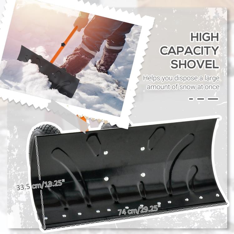 Orange snow pusher shovel with wide black blade and wheel base