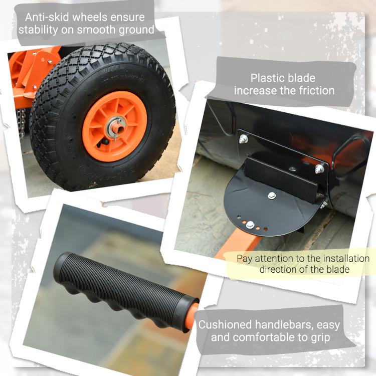 Orange rolling snow shovel with textured black wheels and cushioned grip handle