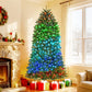 Prelit Christmas tree with green, blue, and red LED lights and full, hinged shape