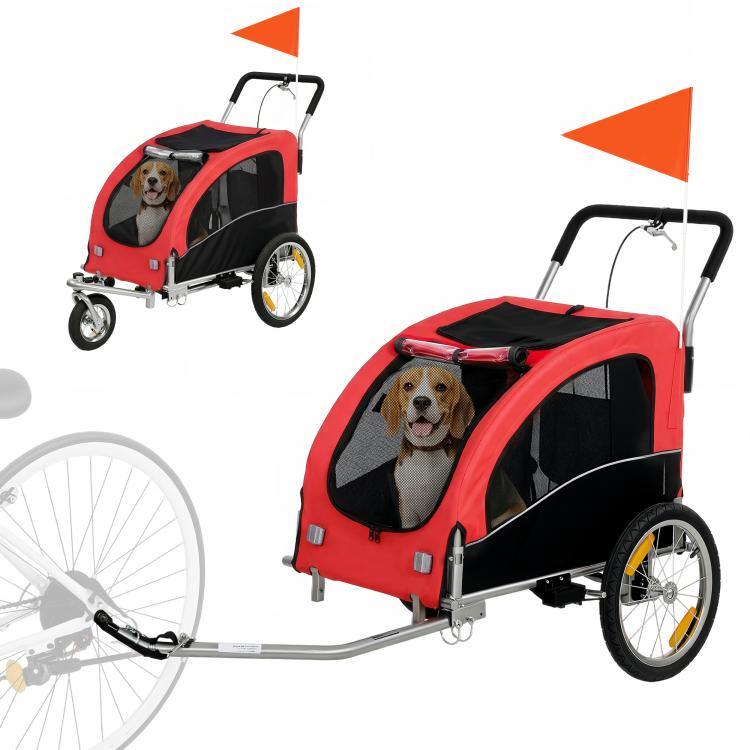 Red 2-in-1 dog bike trailer with foldable pet stroller seat and large wheels