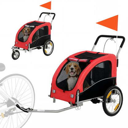 Red 2-in-1 dog bike trailer with foldable pet stroller seat and large wheels