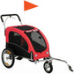 Red and black dog bike trailer with mesh windows and foldable stroller frame