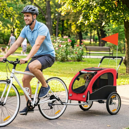 Red dog bicycle trailer with front mesh door window and suspension wheels