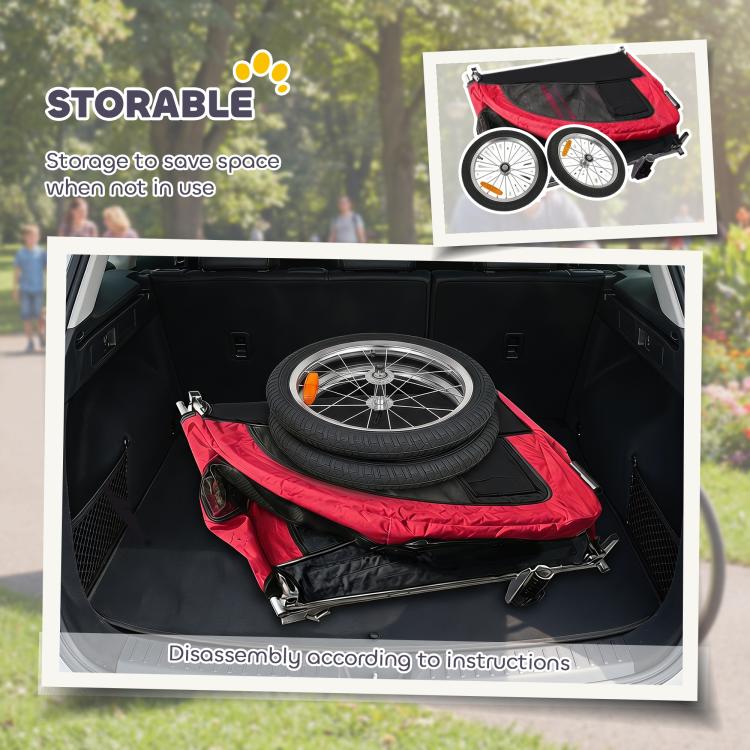 Red dog trailer with interior storage area shown, foldable design