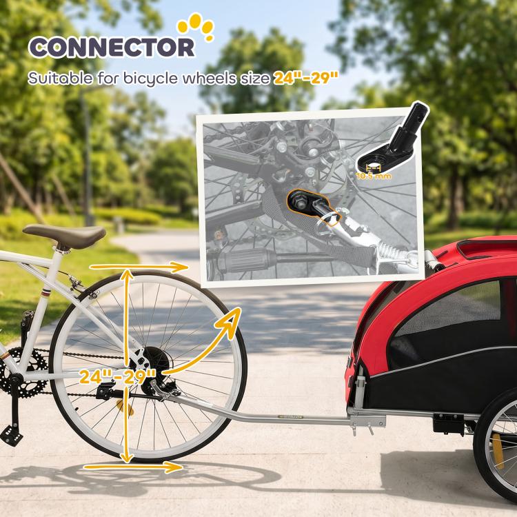 Red dog bicycle trailer connector for bicycle wheel attachment with frame