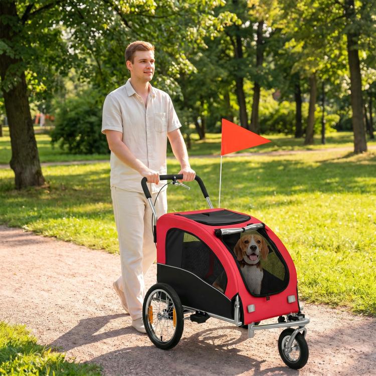 Red enclosed dog pet stroller with mesh front window and four-wheel frame
