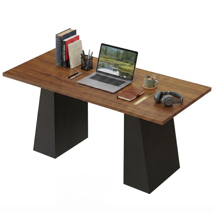 Light walnut desktop computer desk with black trapezoidal legs, open workspace layout