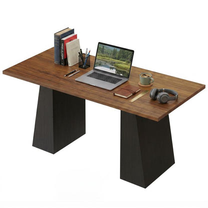 Light walnut desktop computer desk with black trapezoidal legs, open workspace layout