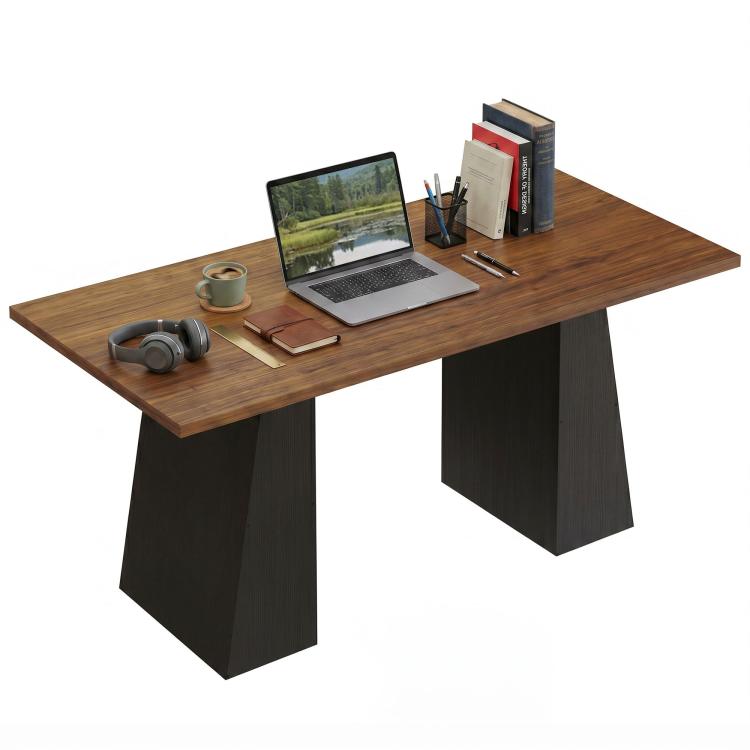 Light walnut desktop computer desk with black trapezoidal base, side angle view