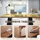 Light walnut tabletop computer desk with black supports, cleaning feature callouts