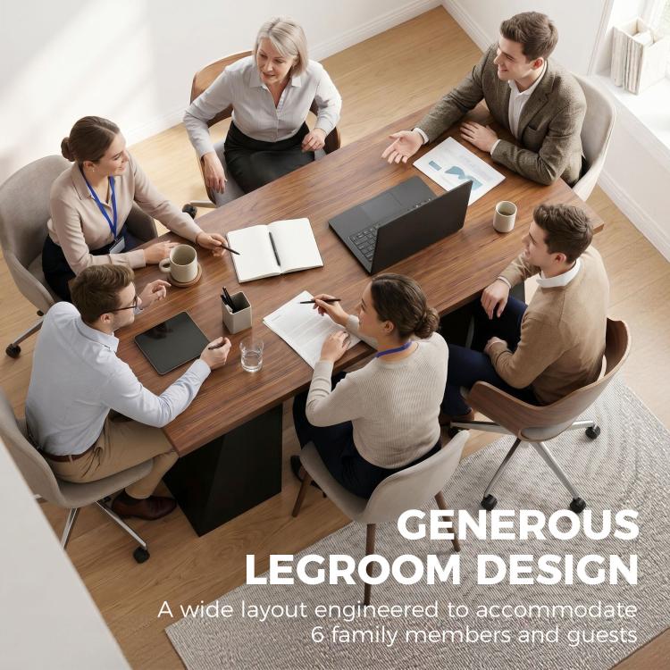 Light walnut computer desk with black trapezoidal legs, long group dining workspace