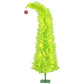 Prelit green pencil Christmas tree with small red striped ball ornament and lighted branches