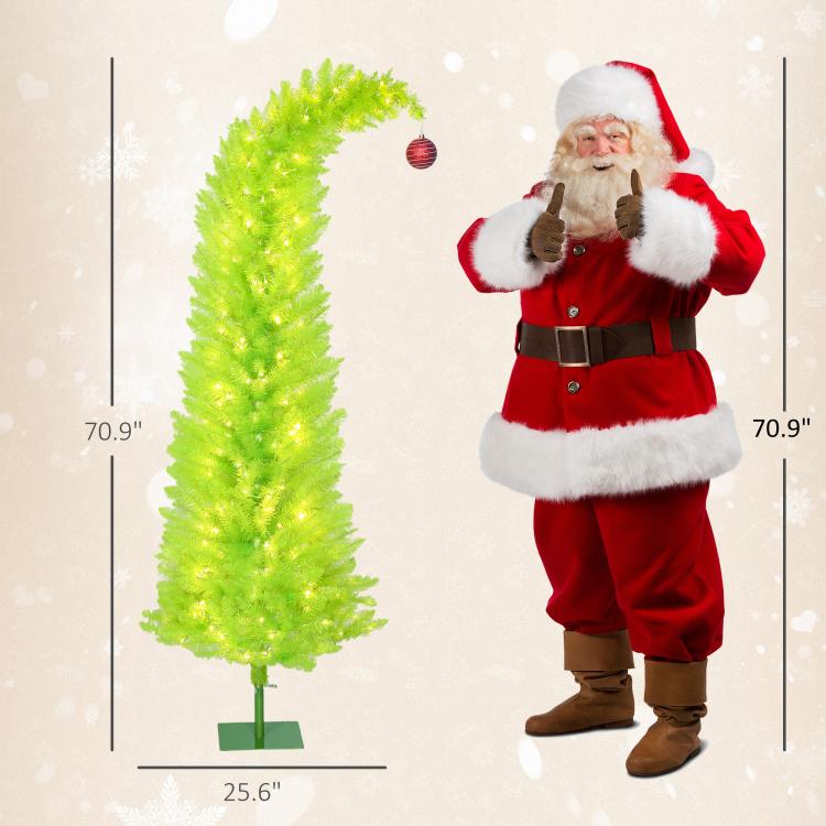 Pre-lit pencil Christmas tree with red ball ornament, light green bristles, green base