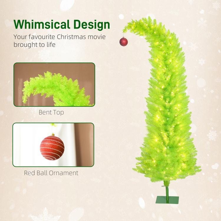 Pre-lit pencil Christmas tree with bent top and red ball ornament