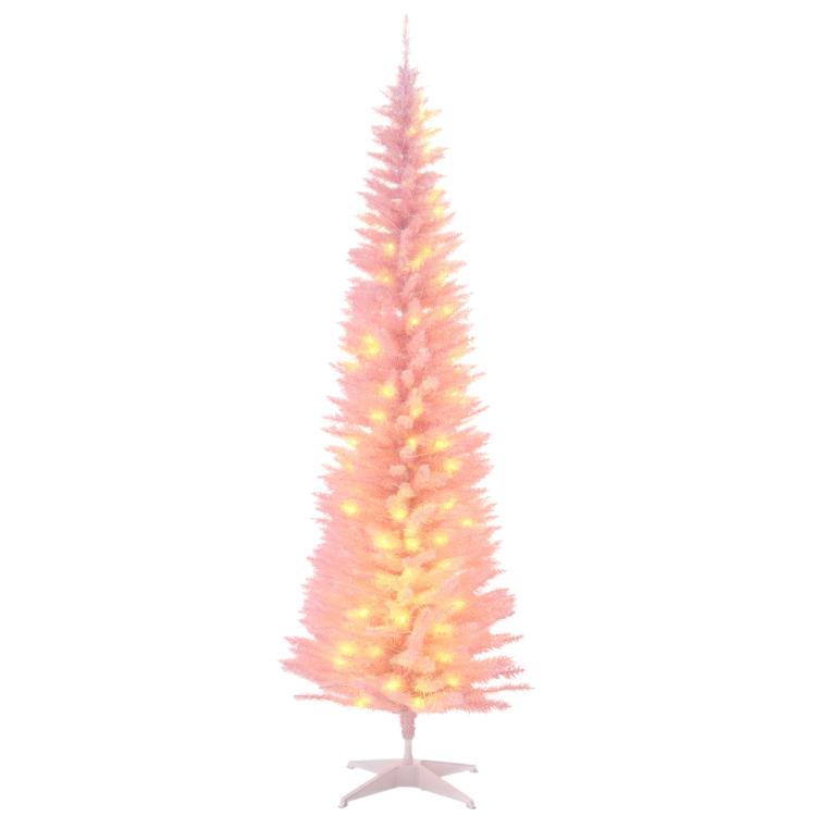 Pink pre-lit pencil Christmas tree with warm white LED lights and star base