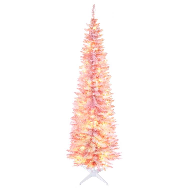Pink pre-lit pencil Christmas tree with warm white LED lights and white star stand