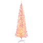 Pink slim artificial Christmas tree with warm white LED lights and base stand