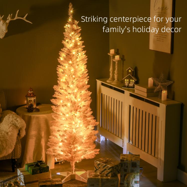 Pink pencil Christmas tree with warm white LED lights and dense branches