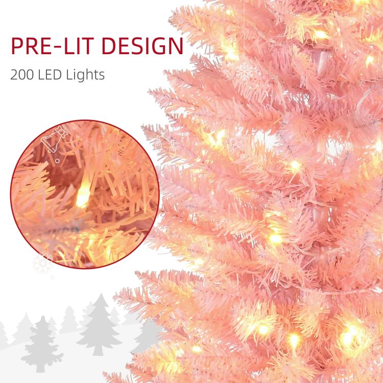 Pink Christmas tree branch close-up with warm white LED lights